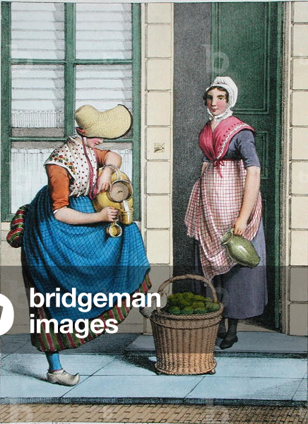 A woman selling milk and vegetables, illustration from 'Collections des Costumes des Provinces Septentrionales du Royaume des Pays Bas...' engraved by Villeneuve, 1828 (colour litho)