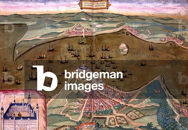 Map of Sund, from 'Civitates Orbis Terrarum' by Georg Braun (1541-1622) and Frans Hogenberg (1535-90) c.1572-1617 (coloured engraving)