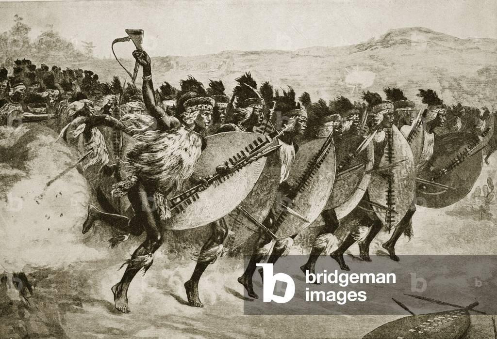 Zulus advancing to attack at Kambula Hill, March 29th 1879 (litho)