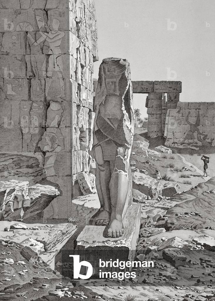 A Colossus at the entrance of the Hypostyle Hall, Karnak (engraving)
