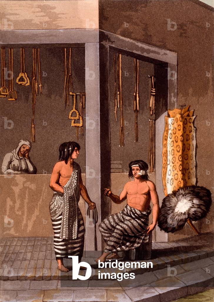 Pampas Indians in a shop called 'Indiano', Calle de-los-Torres, Buenos Aires, c.1820s-30s (coloured engraving)
