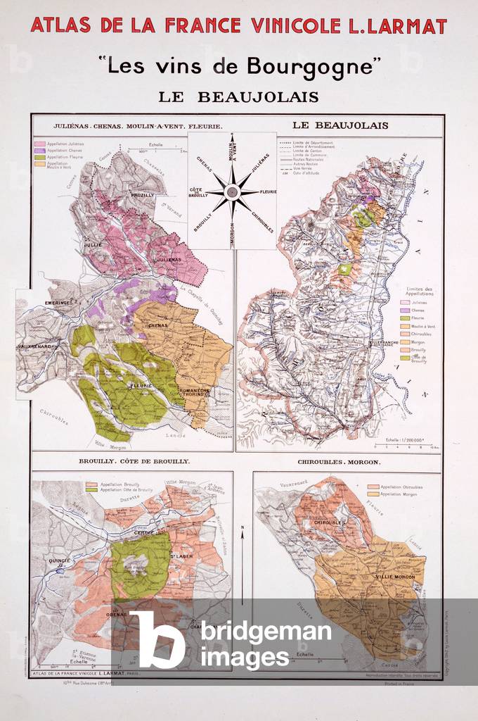 Map of the Beaujolais Region, illustration from 'Atlas de la France Vinicole' by Louis Larmat, published 1942 (colour litho)