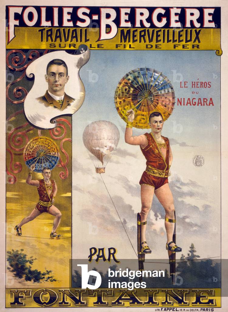 Advertisment for Folies-Bergère,  Travail Merveilleux sur le Fil de Fer par Fontaine, pub. In Paris 1870-1890 (colour litho)