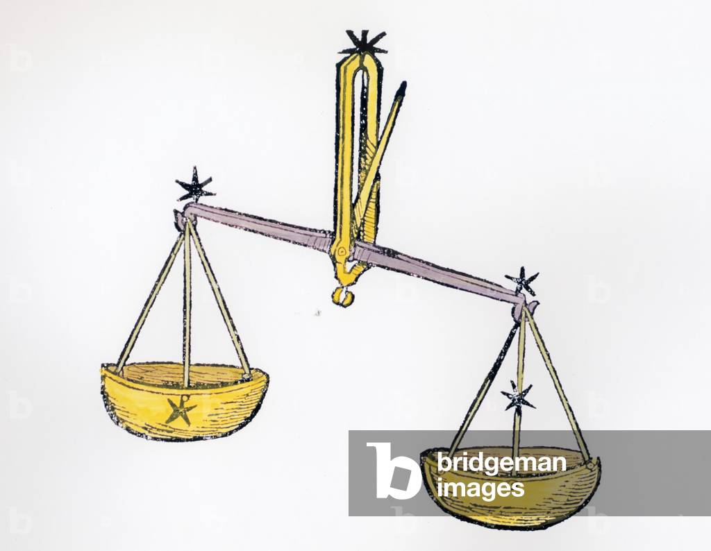 Libra (the Scales) an illustration from the 'Poeticon Astronomicon' by C.J. Hyginus, Venice, 1485 (woodcut) (later colouration)