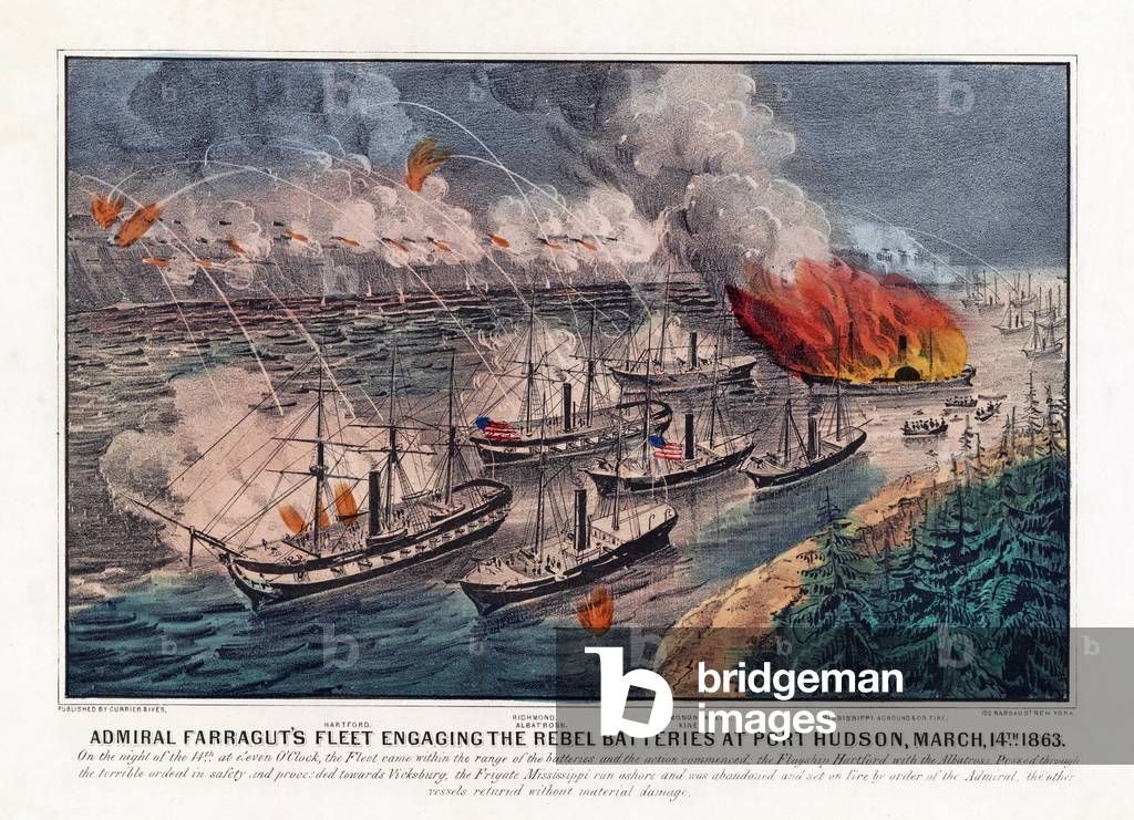 Admiral Farragut's Fleet engaging the Rebel Batteries at Port Hudson, March 14th, 1863 (colour litho)