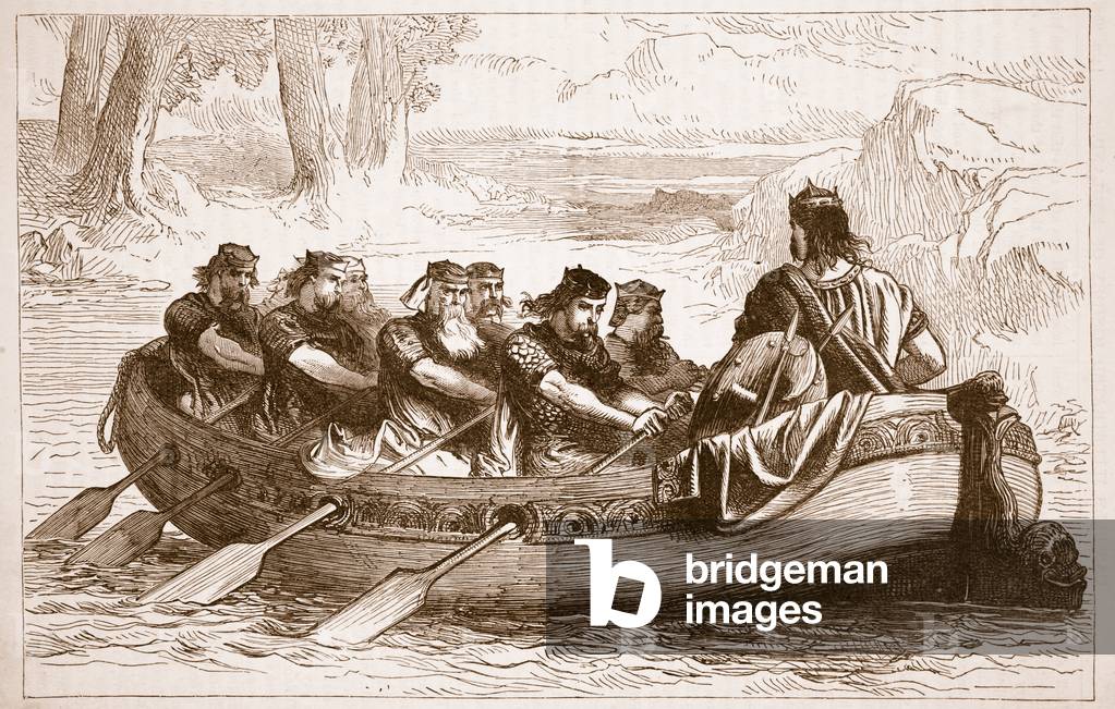 Edgar the Pacific being rowed down the River Dee by Eight Tributary Princes, illustration from 'Cassell's Illustrated History of England' (engraving) (sepia photo)