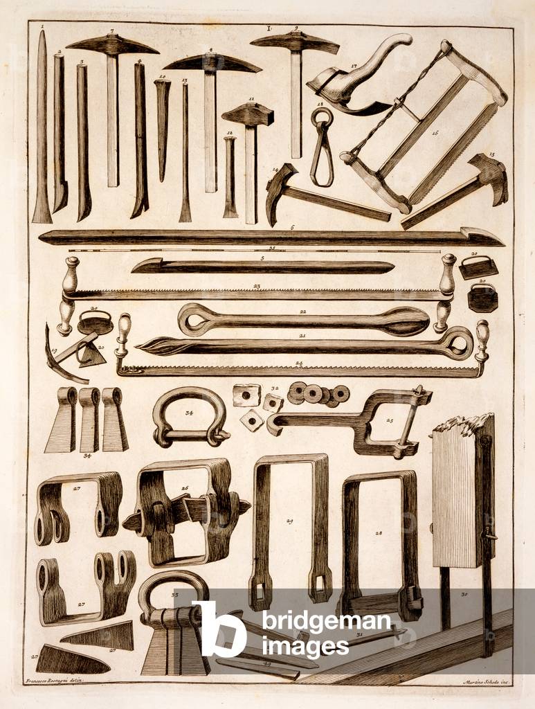Builders' Tools, engraved by Martino Schede (engraving)