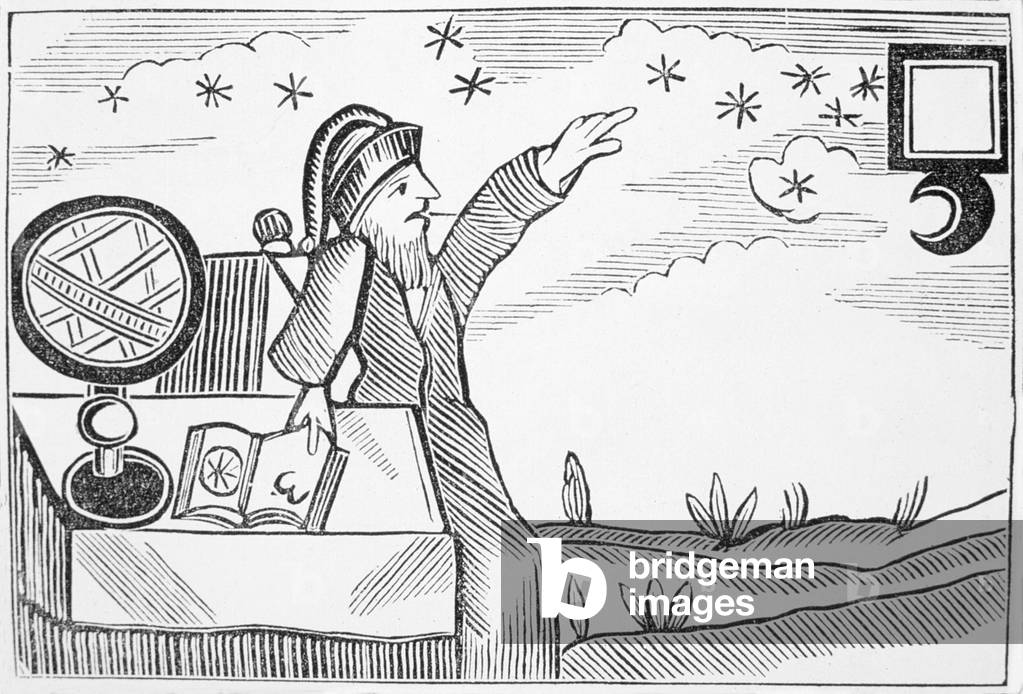 Wizard Consulting the Moon and the Stars, illustration from a collection of chapbooks on esoterica (woodcut)