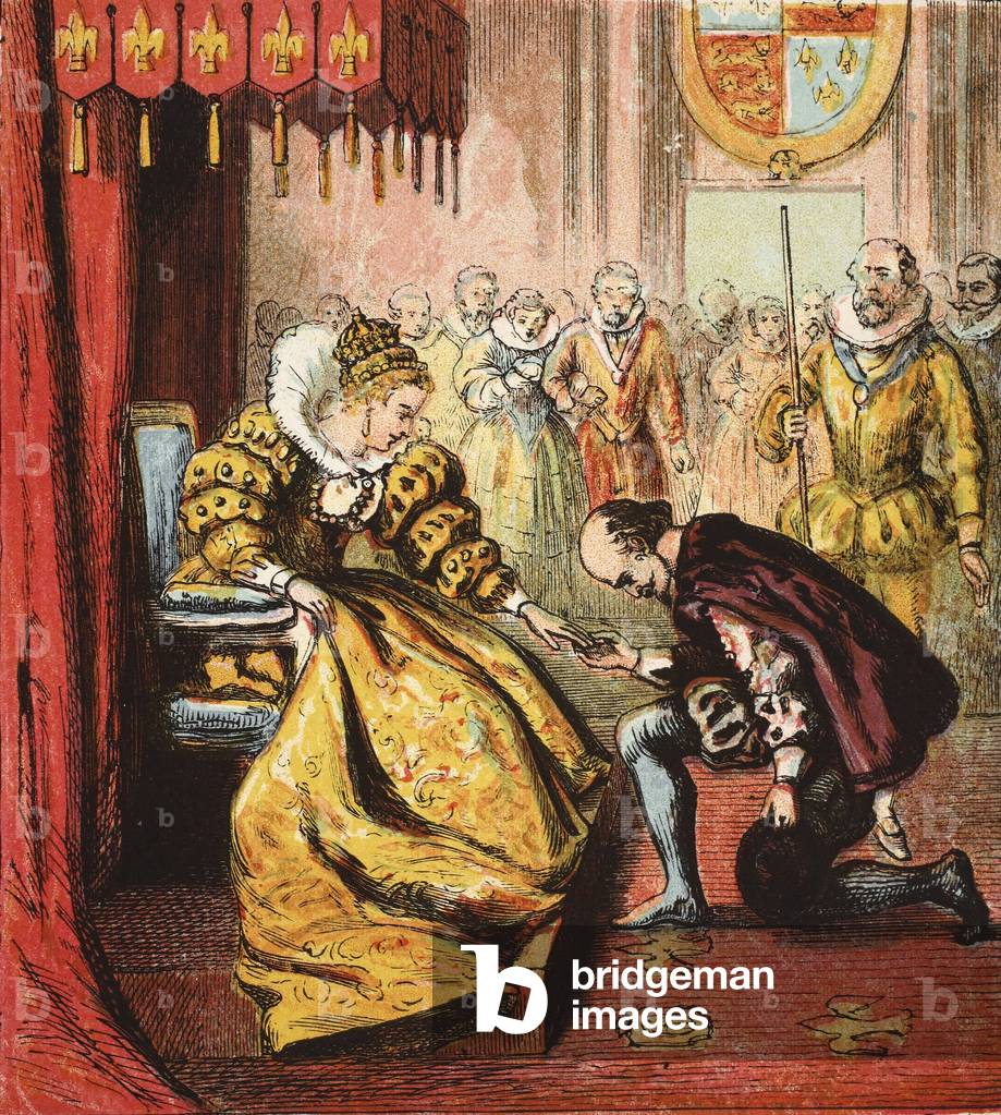 Queen Elizabeth I and Shakespeare, pub. 1890 (colour engraving)