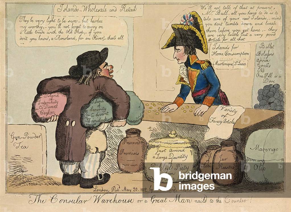 The Consular Warehouse or a Great Man nail'd to the Counter, pub. 1802 (hand coloured engraving)