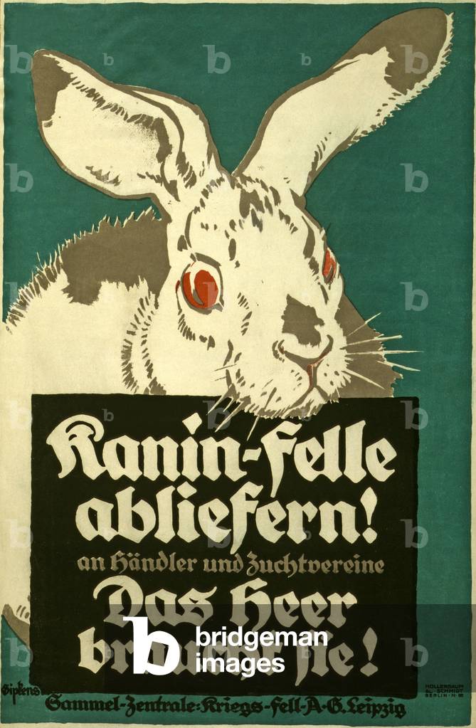 Poster encouraging people to hand in their rabbit pelts for the Army, c.1914-18 (colour litho)