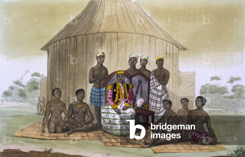 Saba, or ruler, with nobles and his wife, West Africa, c.1820s-30s (colour litho)