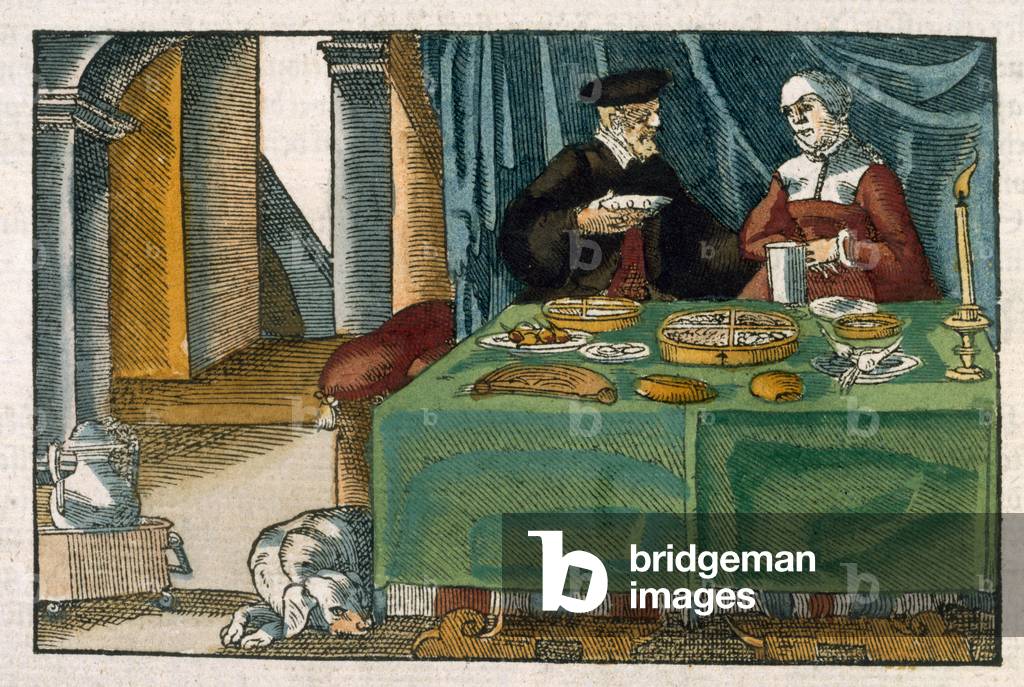 Supper table, from a German manuscript, c.1650 (hand-coloured engraving)