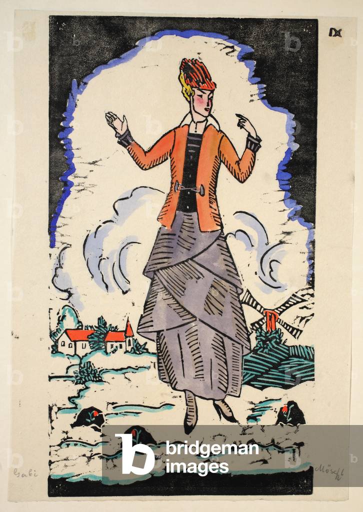 Design for a day dress, Spring, Plate 9, Book 10, illustration from 'Wiener Werkstatte Mode 1914/15', pub. Eduard Kosmack, Vienna, 1914-1915 (hand-coloured linocut)