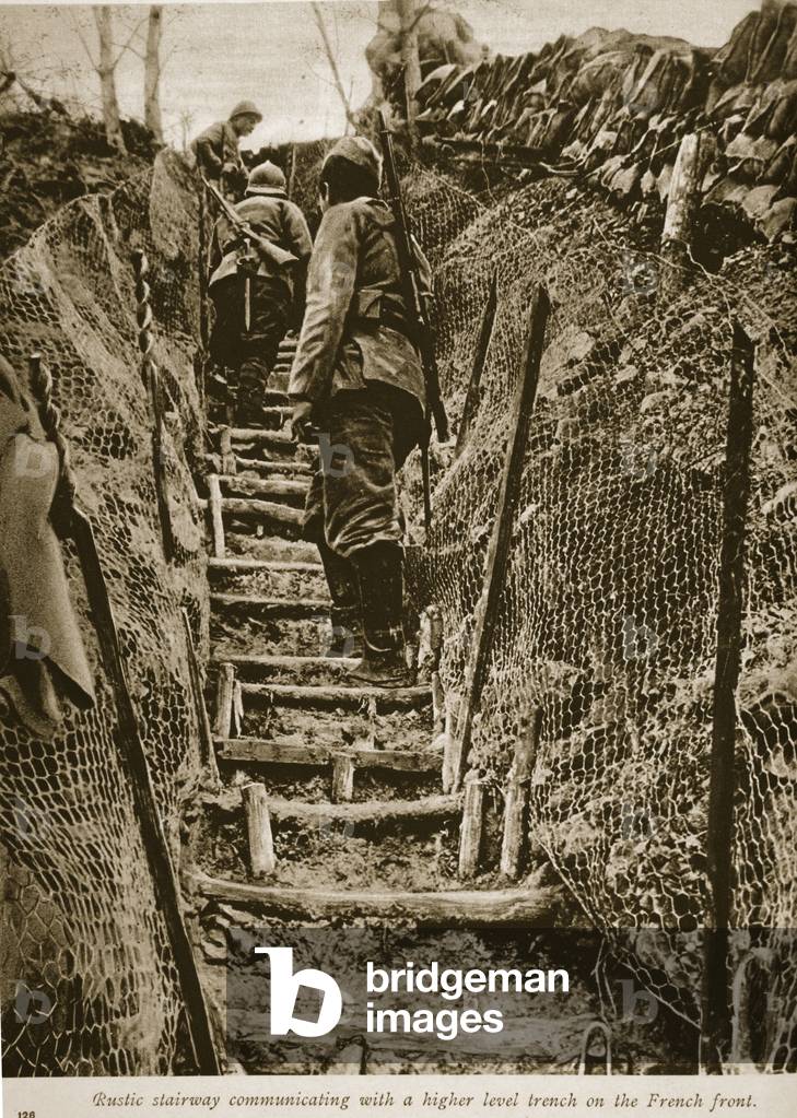 Rustic stairway communicating with a higher level trench on the French front, 1914-19 (b/w photo)
