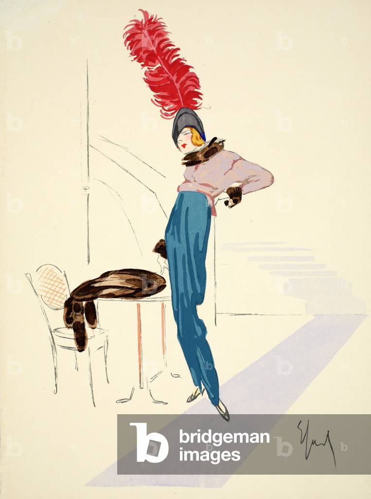 Design for day dress, 1912, plate 12, illustration from 'Robes et Femmes', pub. Dorbon-Ainé, Paris, 1913 (pochoir print)