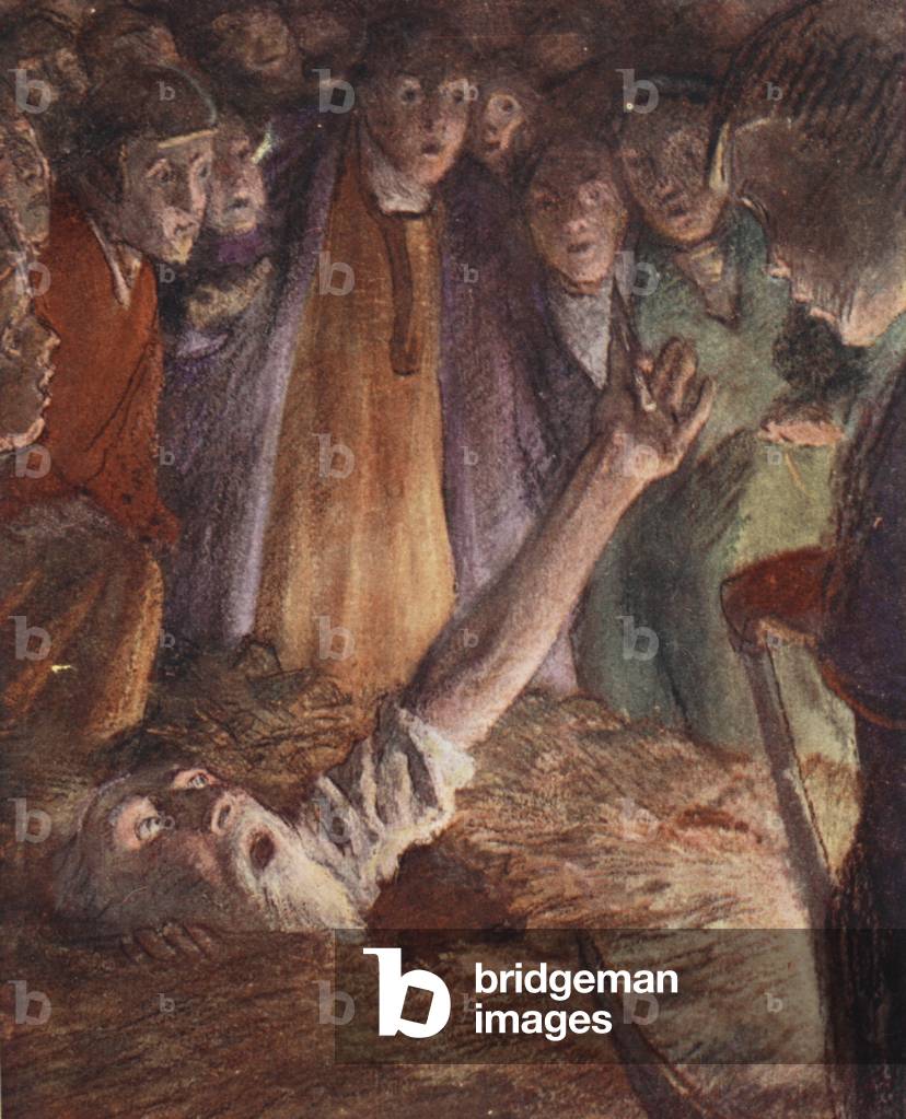 Peter Bartholomew going through the 'Ordeal of Fire' (colour litho)