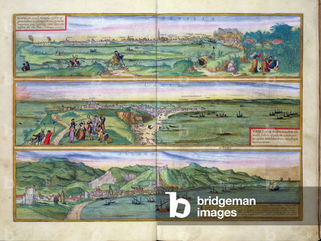 Map of Seville, Cadiz, and Malaga, from 'Civitates Orbis Terrarum' by Georg Braun (1541-1622) and Frans Hogenberg (1535-90), c.1572 (coloured engraving)