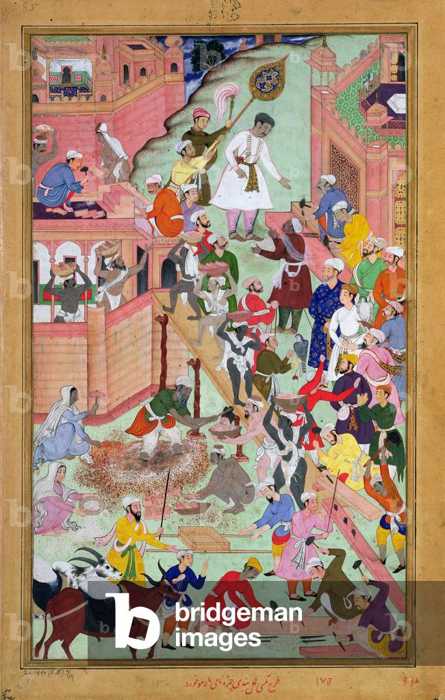 Emperor Akbar (r.1556-1605) inspecting the building work at Fatepur Sikri, city completed 1584, from the 'Akbarnama', 1590-98 (opaque w/c & gold on paper)