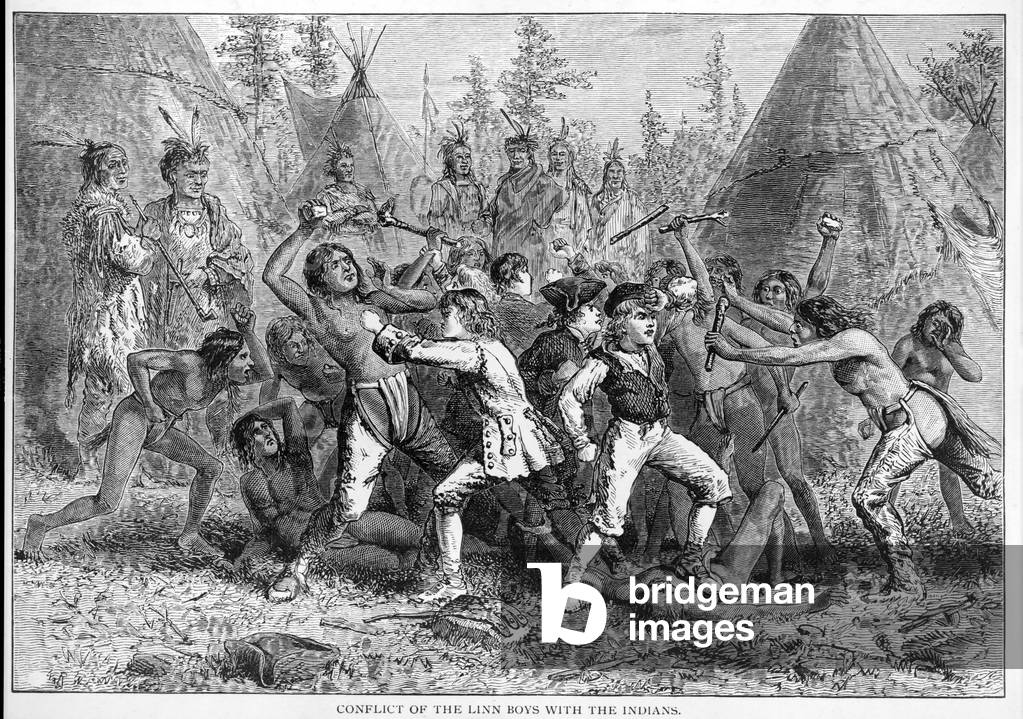 Conflict of the Linn Boys with the Indians, pub. 1883 (engraving)
