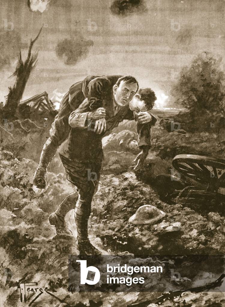 Temporary Lieutenant G. St. G. S. Cather bringing in a wounded man in full view of the enemy and under machine-gun and artillery fire (litho)