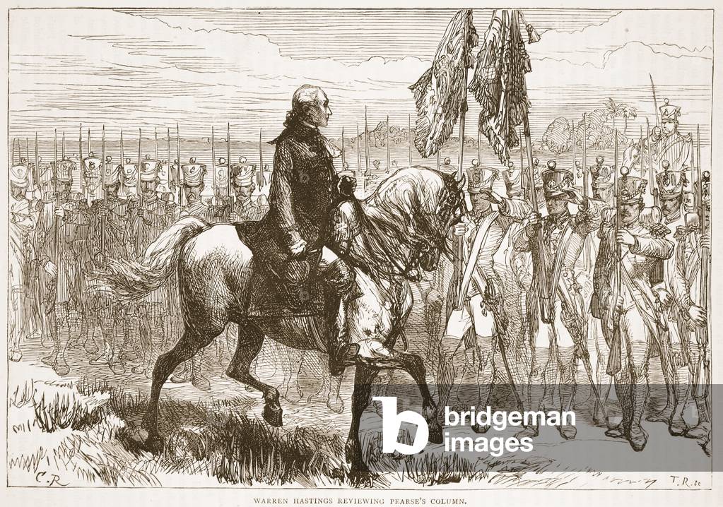 Warren Hastings reviewing Pearse's column, illustration from 'Cassell's Illustrated History of India' by James Grant, pub. 1879 (litho)