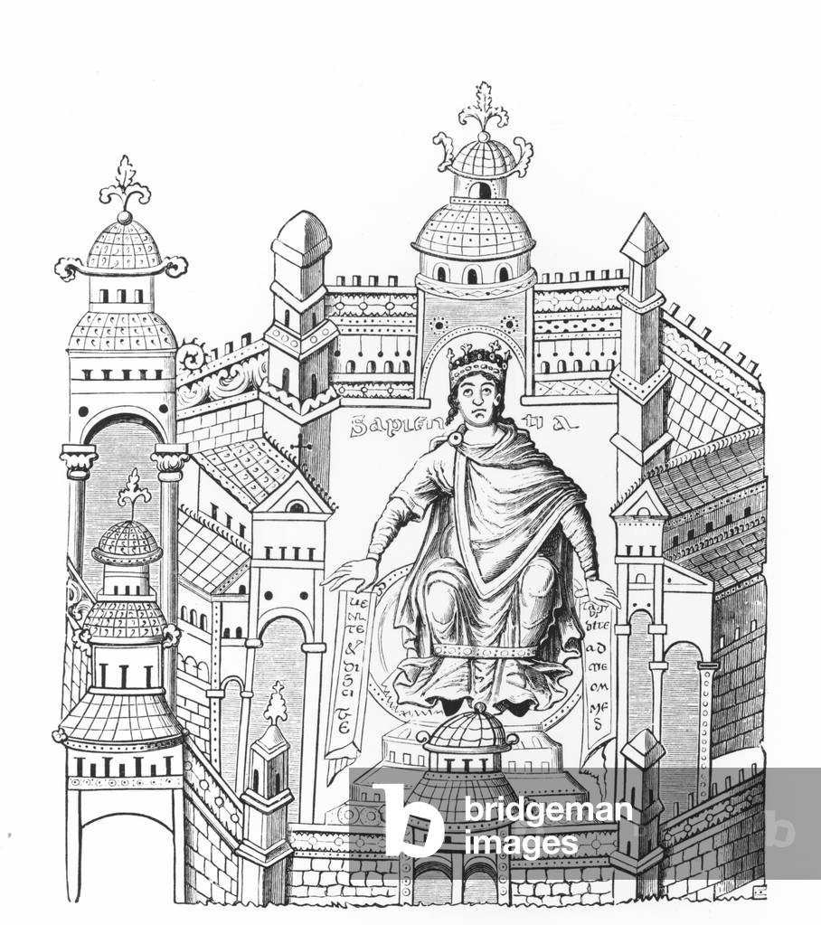 A Carlovingian king in his palace, personifying Wisdom appealing to the whole human race, after a miniature in a manuscript, copied by Count Horace de Viel-Castel (1798-1864) (litho) (b/w photo)