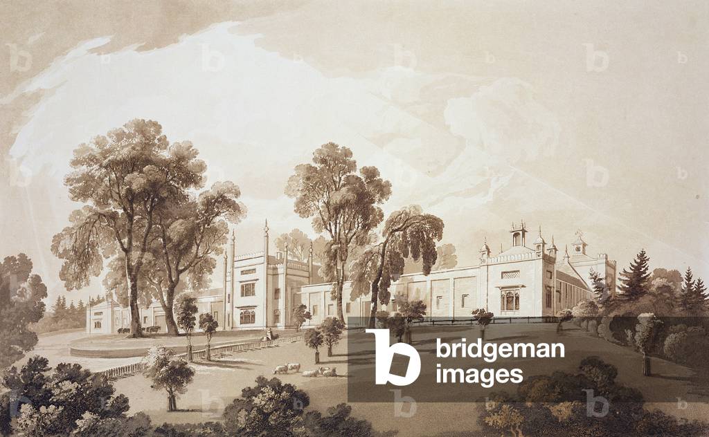 View of the Farm House with Screen to Stables and Farm buildings to Sezincote House, engraved by Frederick Christian Lewis Snr. (1779-1856), c.1817-18 (sepia aquatint)