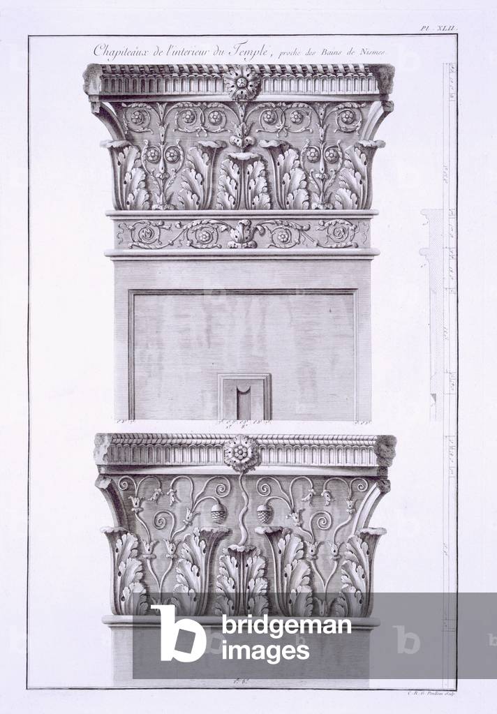 Capitals from the temple near the Roman Baths, Nimes, from 'Antiquites de la France: Vol I, Monuments de Nimes' (engraving)
