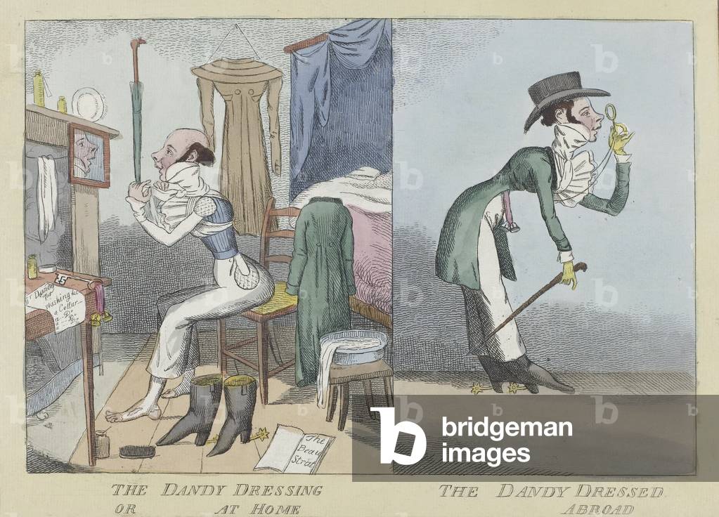 The Dandy Dressing or At Home, The Dandy Dressed Abroad, pub.c.1820 (hand coloured engraving)