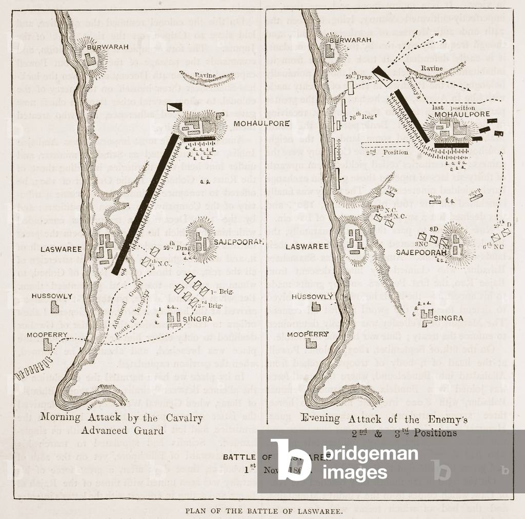 Plan of the Battle of Laswaree, illustration from 'Cassell's Illustrated History of India' by James Grant, pub. 1879 (litho)