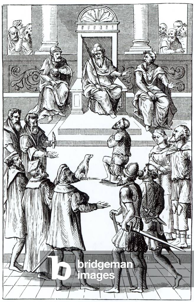 Image of Print depicting Confession for amends before the tribunal, 19th century by Dutch Artist