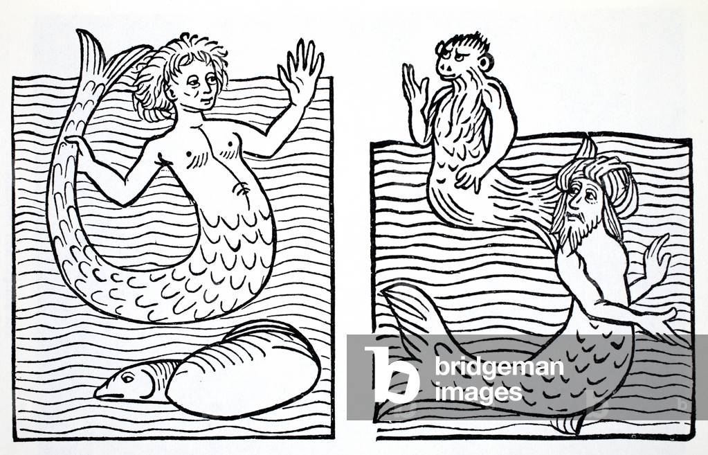 Mermaids and Mermen, from 'The World Guide to Gnomes, Fairies, Elves and Other Little People' by Thomas Keightley (1789-1872) Published 1880, (BW Engraving)
