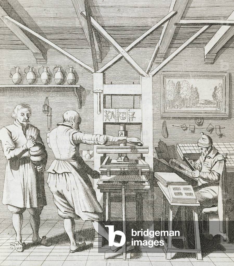 "Die Bindery von Laurens Janszoon Koster", 1628 von Pieter Jansz Saenredam, b/w