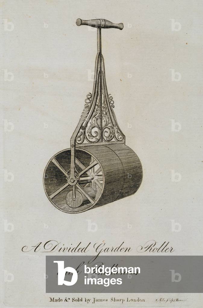 Garden roller with divided barrel and balances, 1773 (engraving)