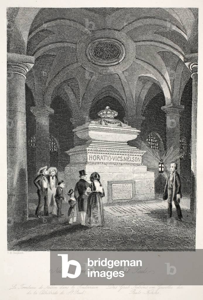 Nelson's Tomb in the Crypt of St Paul's, from 'London Interiors with their Costumes and Ceremonies' pub. Joseph Mead, London, c.1843 (steel engraving)
