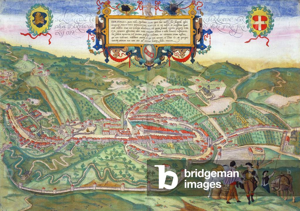 Map of Serravalle, from 'Civitates Orbis Terrarum' by Georg Braun (1541-1622) and Frans Hogenberg (1535-90) c.1572-1617 (coloured engraving)