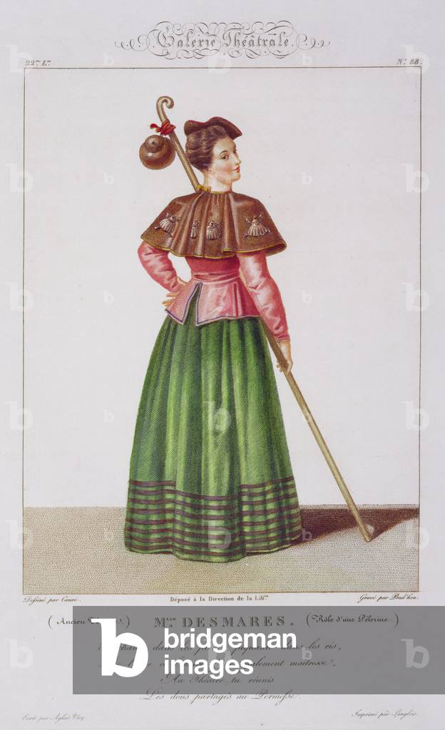 Mademoiselle Desmares in the role of a Pilgrim, plate 88 from 'Theatrical Gallery', engraved by Jean Prud'hon (b.1778) pub. 1812-34 (litho)