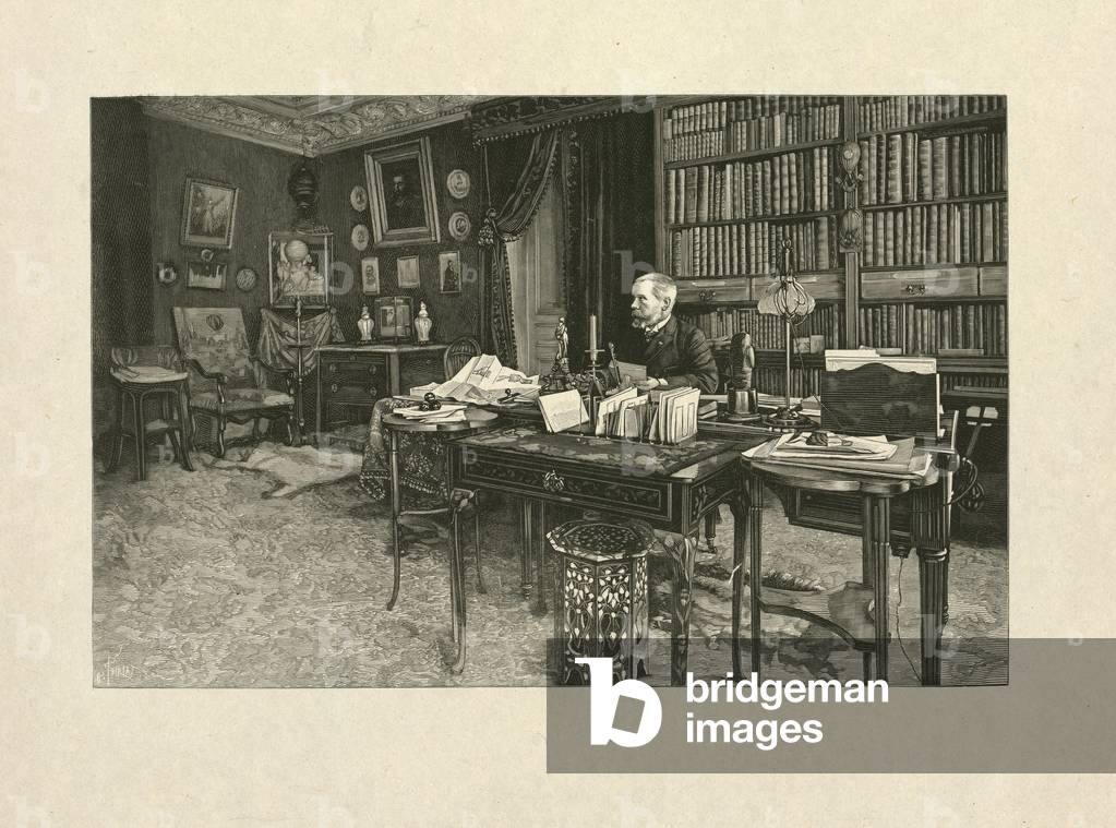 Gaston Tissandier, French balloonist, seated at a desk in his study, 1880-1900 (wood engraving)