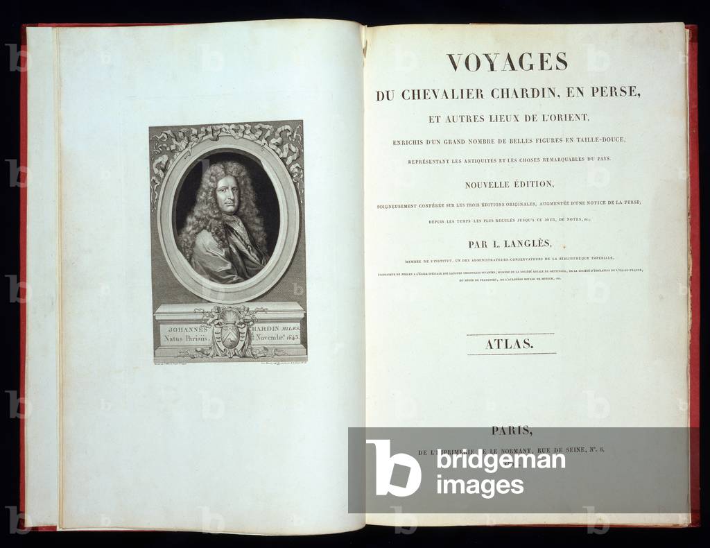 Titlepage and frontispiece portrait from 'Voyages du Chevalier Chardin en Perse', 1811 (litho)