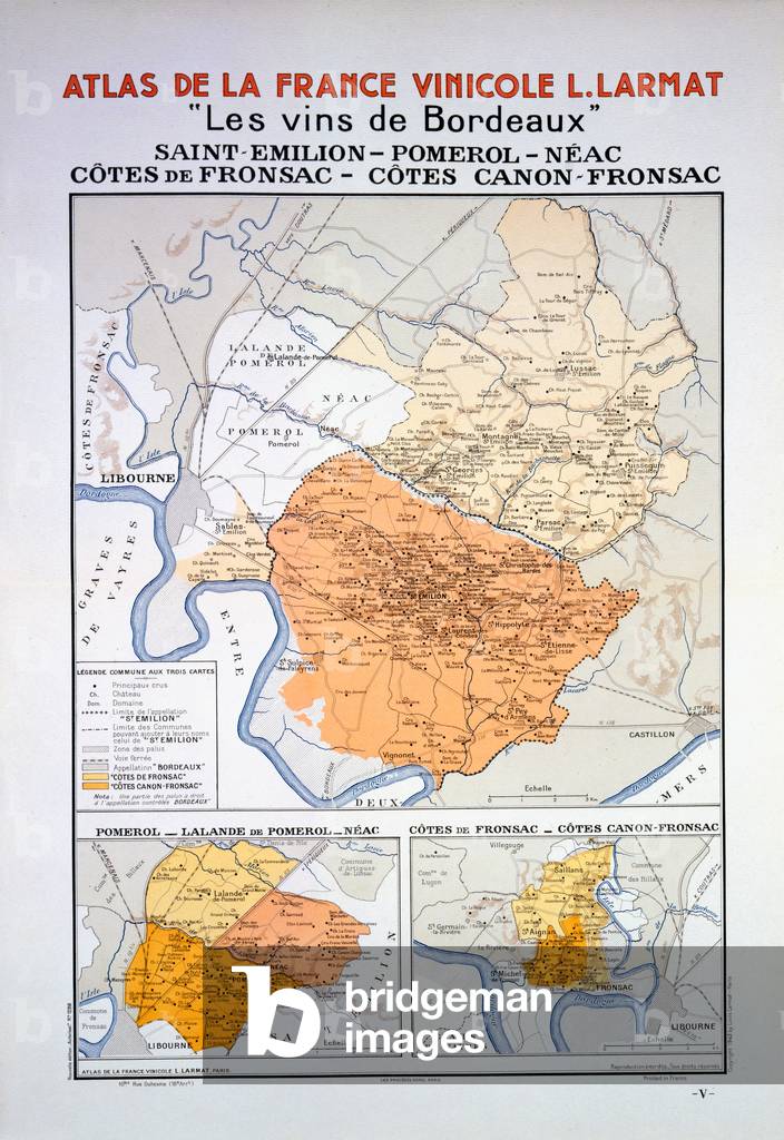 Map of the Bordeaux Region: Saint Emillion, Pomerol, Neac, Côtes de Fronsac, Côtes Canon-Fronsac, illustration from 'Atlas de la France Vinicole' by Louis Larmat, published 1942 (colour litho)