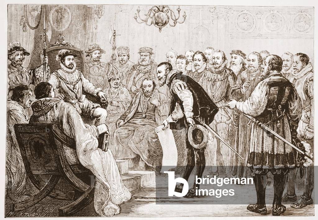 The Protestant Princes presenting their Confession to Charles, illustration from 'The History of Protestantism' by James Aitken Wylie (1808-1890), pub. 1878 (engraving)