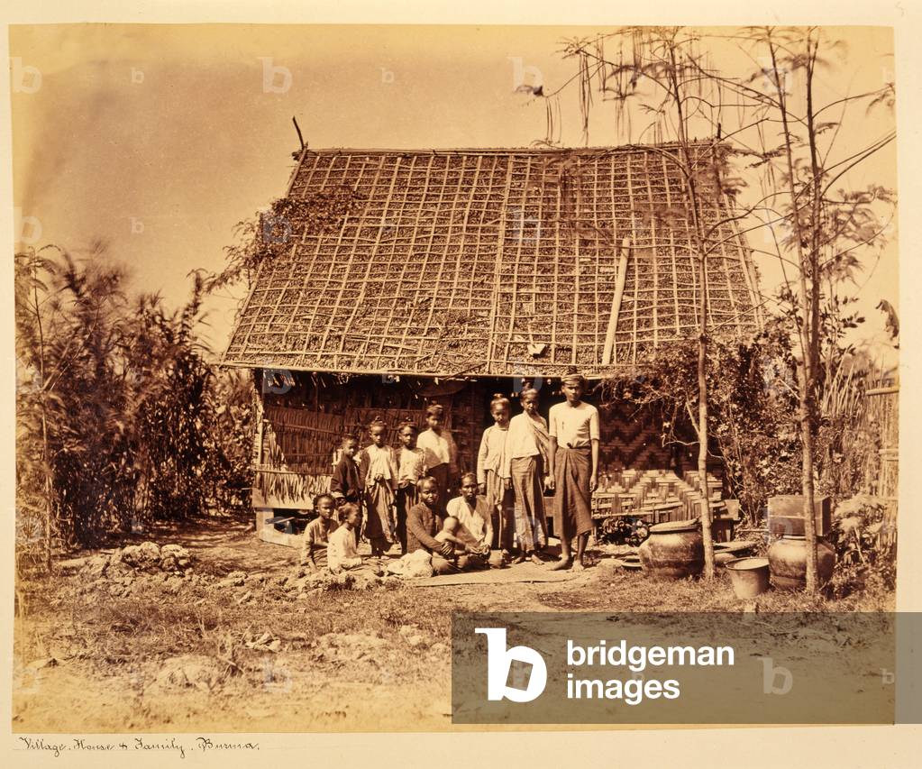Village House and Family, Burma (sepia photo)