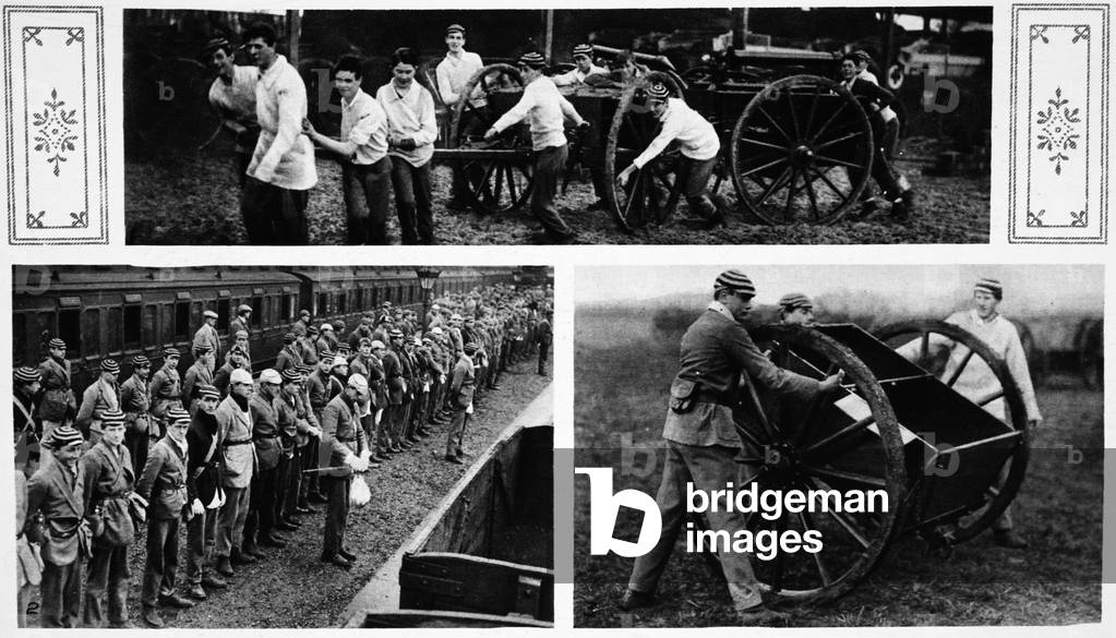 Eton Boys as War-Workers: The King's third son and his Eton schoolfellows helping with Army stores at Didcot, from 'The Illustrated War News' (b/w photo)