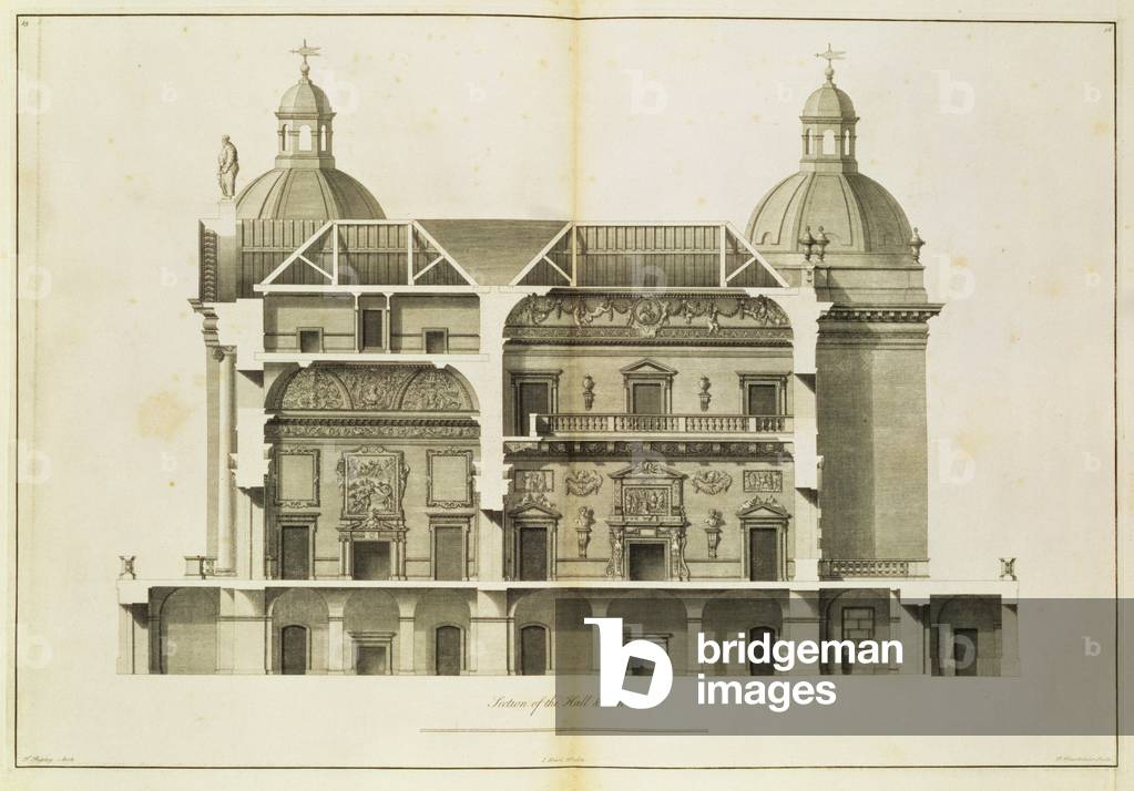 Houghton Hall: cross-section of the Hall and Salon, engraved by Pierre Fourdrinier, 1735 (engraving) (see also 64903 & 64904)