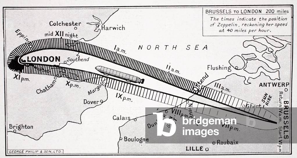 The Zeppelins' Good and Bad hours: an imaginary route from Brussels and back, from 'The Illustrated War News' (litho)