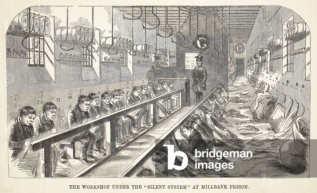 The workshop under the 'Silent System' at Millbank Prison, illustration from 'The Criminal Prisons of London and Scenes from Prison Life' by Henry Mayhew and John Binny, pub. 1862 (engraving)