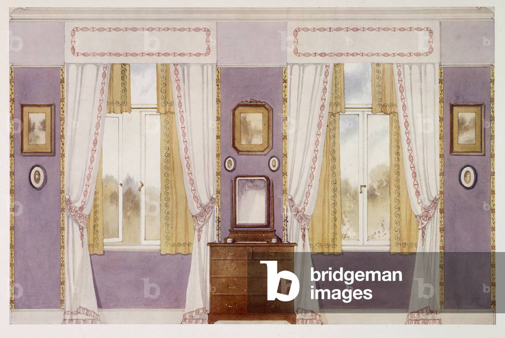 Elegant draperies, mauve walls (colour litho)