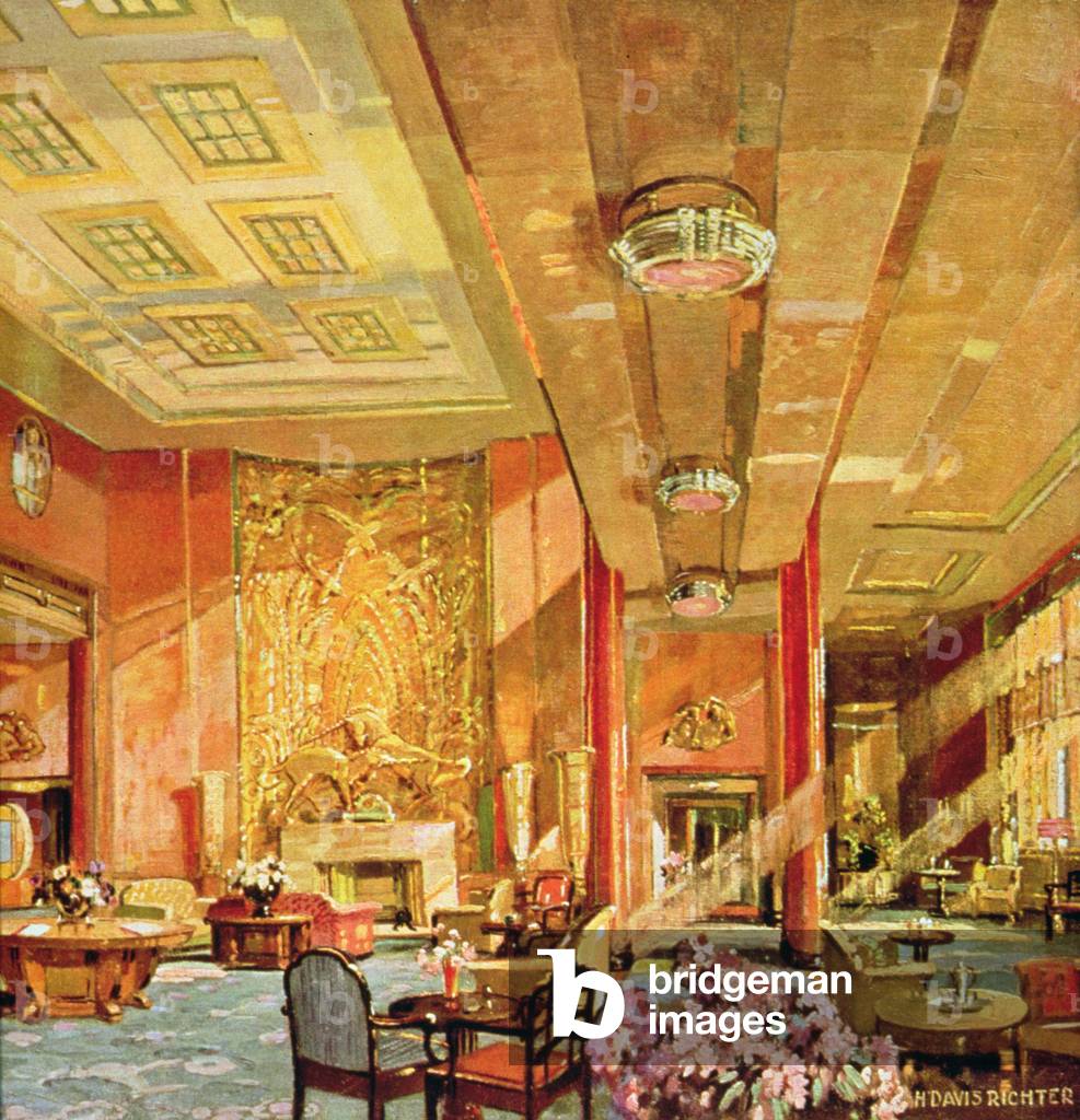 Interior aboard the Queen Mary (colour litho)