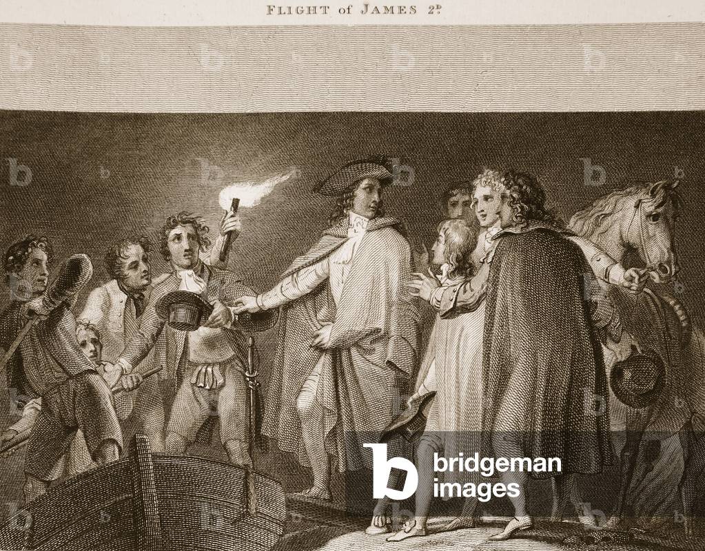 Flight of James 2nd, illustration from David Hume's 'The History of England', pub. by R. Bowyer, London, 1812 (engraving)